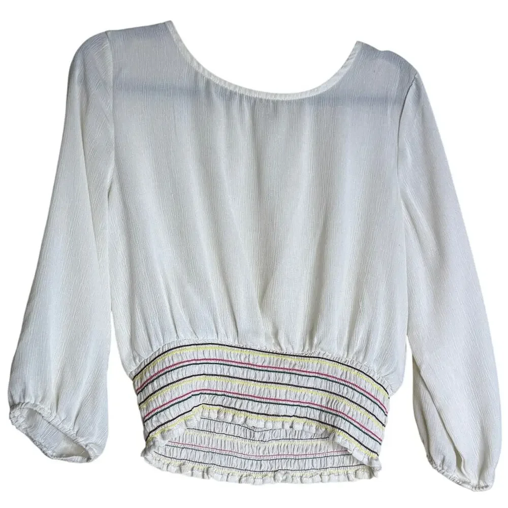 Lily White Cropped Tops Women Large White Smocked Sheer Boho Peasant Prairie